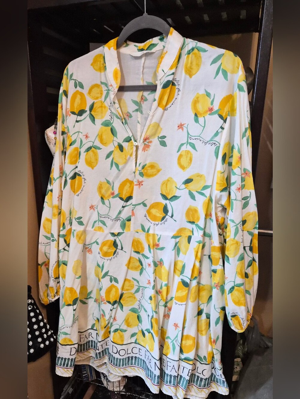 Women’s White Lemon Floral Print V-Neck Long Sleeve Midi Dress lightweight